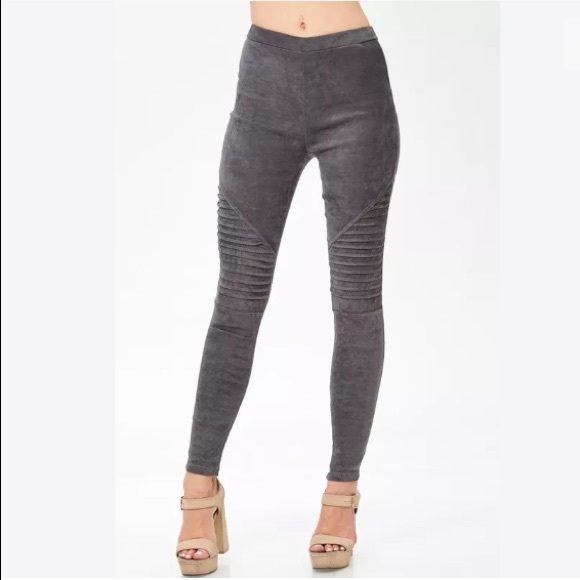 Gray Faux Suede Moto Stretch Casual Leggings - Picture 2 of 8
